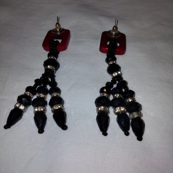 Iris Apfel & Bajalia Black, Red & Clear Rhinestone Tasseled Statement Earrings - Picture 2 of 11